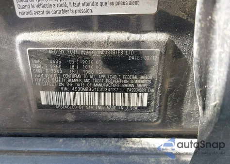 2012 Subaru Legacy 2.5I Premium z USA, uszkodzony, nr VIN 4S3BMBB61C3034137